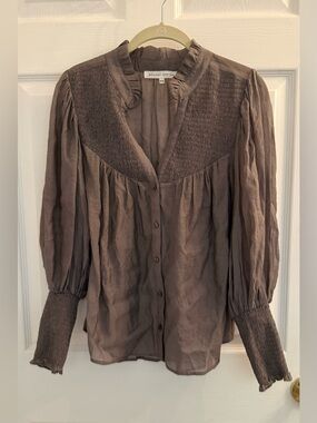 MELISSA NEPTON Taupe Button-Front Smocked Yoke Blouse